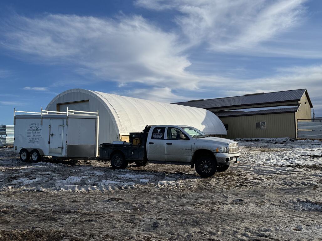 Hoop barn for agricultural storage near Hurdsfield, North Dakota